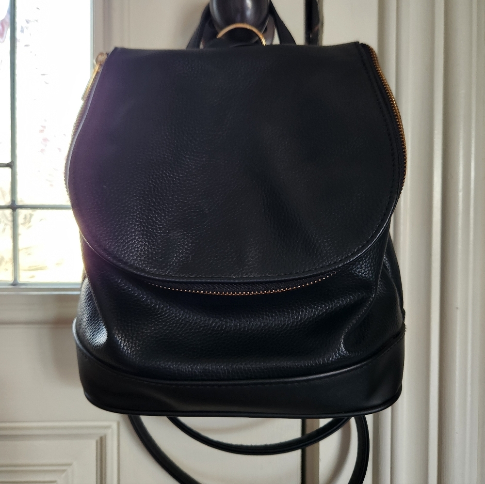 Black Faux Leather Backpack Purse with Gold Zipper Accent